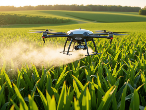 现代化农业科技展示,无人机喷洒农药,智能监测设备,绿色农田背景